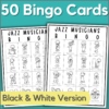 jazz musician bingo - 50 black and white printable bingo cards