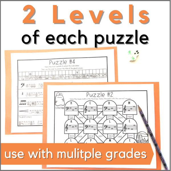 Use this printable Halloween music escape room with multiple grade levels (2 mix and match levels of each puzzle are included).
