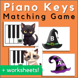 Halloween piano keys matching game with worksheets - match each cat to their witch's hat