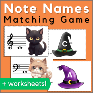 Halloween cats and hats matching game for note names in the treble and bass clefs.