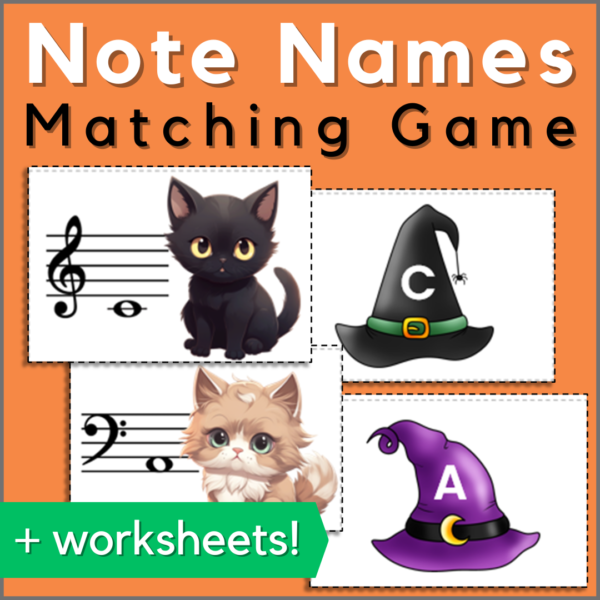 Halloween cats and hats matching game for note names in the treble and bass clefs.