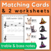 Halloween music note names matching cards + 2 worksheets