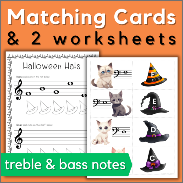 Halloween music note names matching cards + 2 worksheets