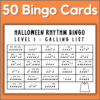 Halloween rhythms music bingo - 50 bingo cards + a calling list