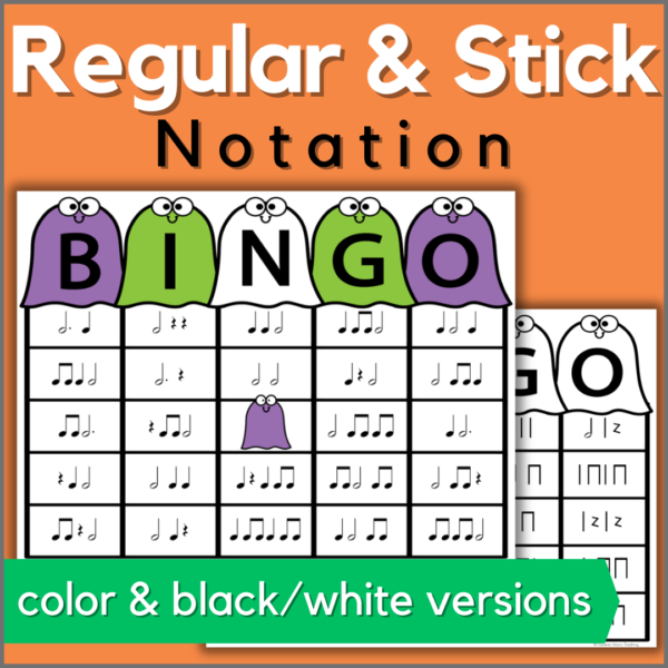 Halloween rhythm bingo level 2 - 50 bingo cards in both regular and stick notation