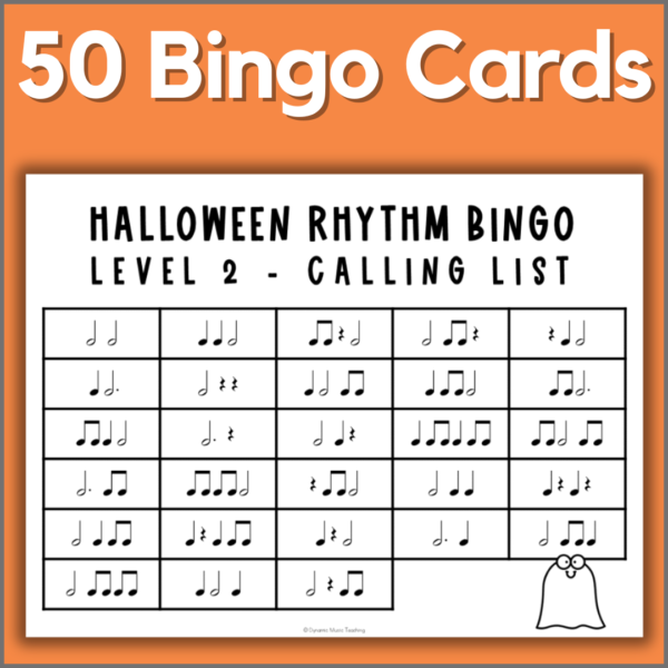 Halloween music bingo - 50 bingo cards + teacher calling list.