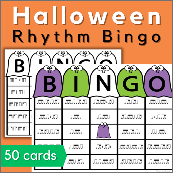 Halloween Rhythm Bingo Level 3 - music bingo review game for sixteenth notes.