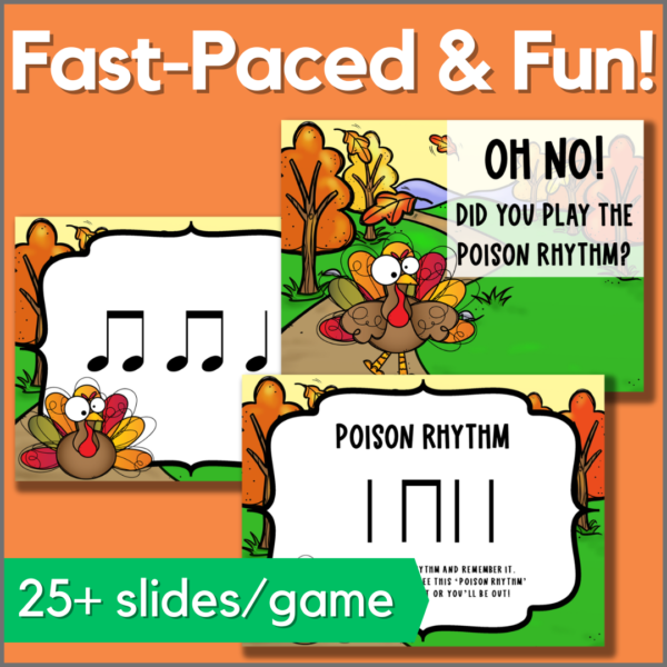 Fast-paced and fun game for your fall music lessons! 25+ slides per game.