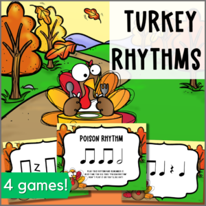 Turkey Rhythms for half note and quarter rest is a fun Thanksgiving rhythm game
