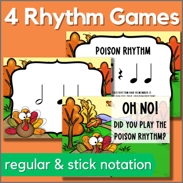 4 Thanksgiving rhythm games in Google Slides format - regular and stick notation included.