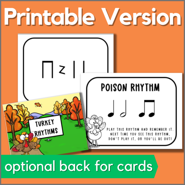 Thanksgiving poison rhythm game - digital and printable versions included with optional back for the printable cards.