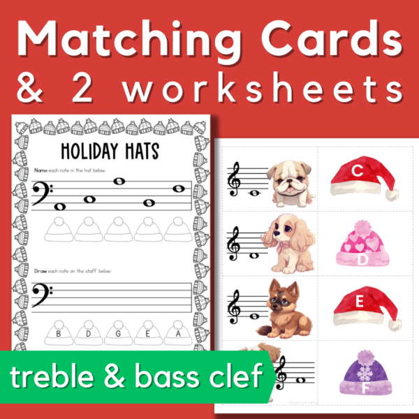 matching cards + 2 worksheets - treble and bass clef holiday note reading activities