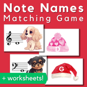 Christmas music note name matching cards + worksheets - cute puppies with notes on the staff to match to winter hats with letter names.