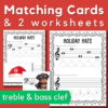 Christmas note reading - image of 2 worksheets - 1 each for treble and bass clef and holiday dogs themed matching cards.