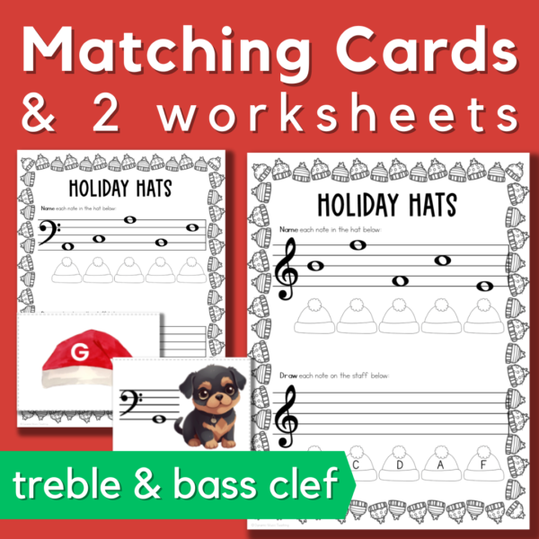 Christmas note reading - image of 2 worksheets - 1 each for treble and bass clef and holiday dogs themed matching cards.