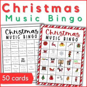 Christmas Music Bingo with 50 cards - image of color and greyscale bingo cards