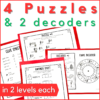 Christmas music escape room that includes 4 puzzles and 2 decoders each in 2 different difficulty levels.