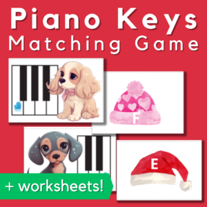 Christmas piano keys matching game + worksheets. Image of dogs with piano keys and holiday hats with letter names to match.