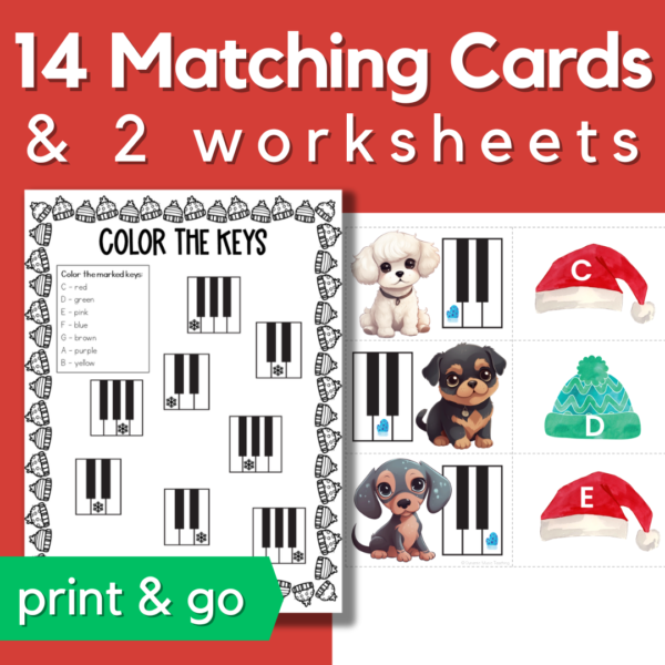 14 piano keyboard matching cards and 2 worksheets - Christmas dogs theme.