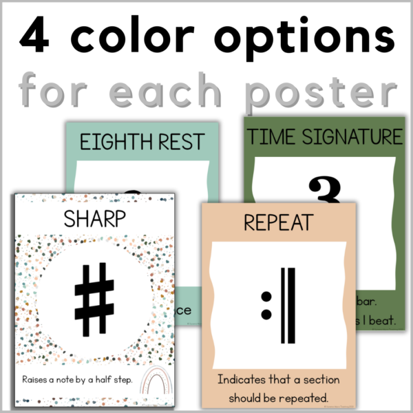 4 color options for each poster - image show multi colored dots, pink, blue, and khaki green.