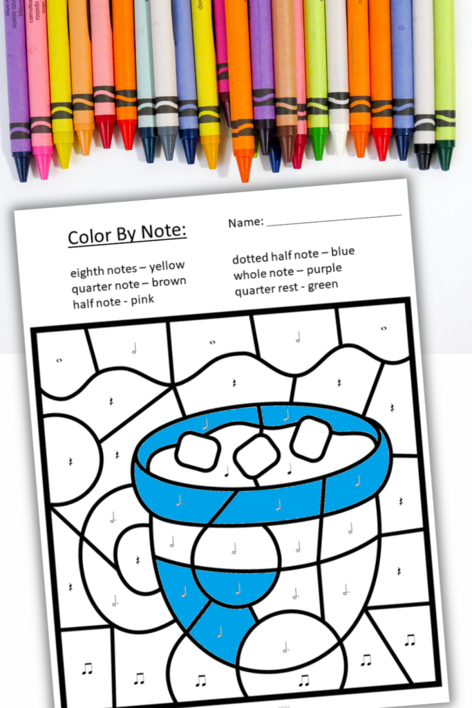 winter color-by-rhythm worksheet of a cup of hot chocolate. For winter music lessons.
