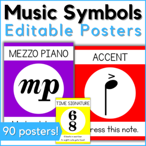 Editable Music Symbols Posters - 90 posters - image includes examples of the posters.