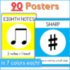 90 music symbol & rhythm posters - in 7 colors each - examples of posters in the image.