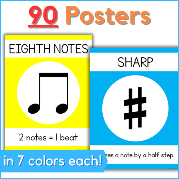 90 music symbol & rhythm posters - in 7 colors each - examples of posters in the image.