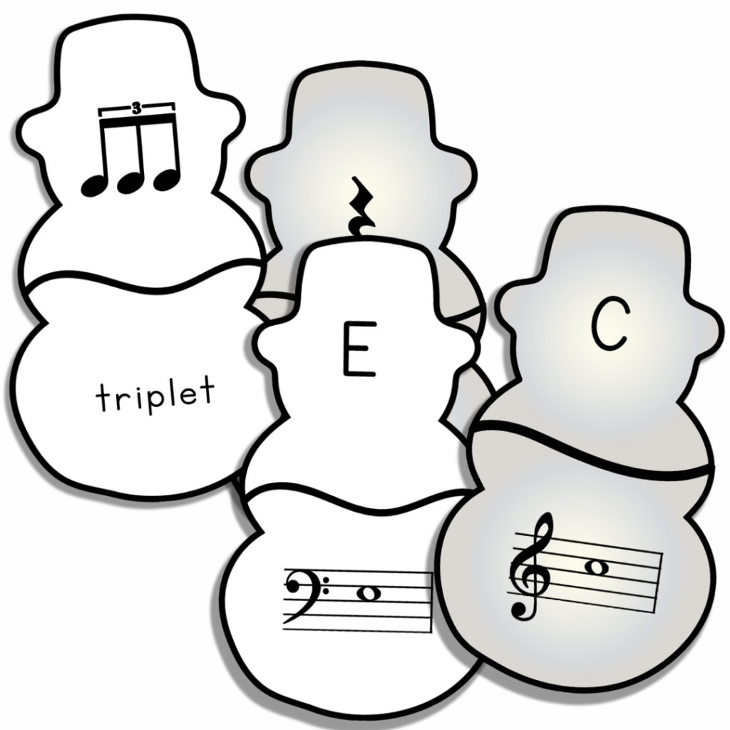 snowman music matching cards including rhythm and note names. For winter music lessons in elementary.