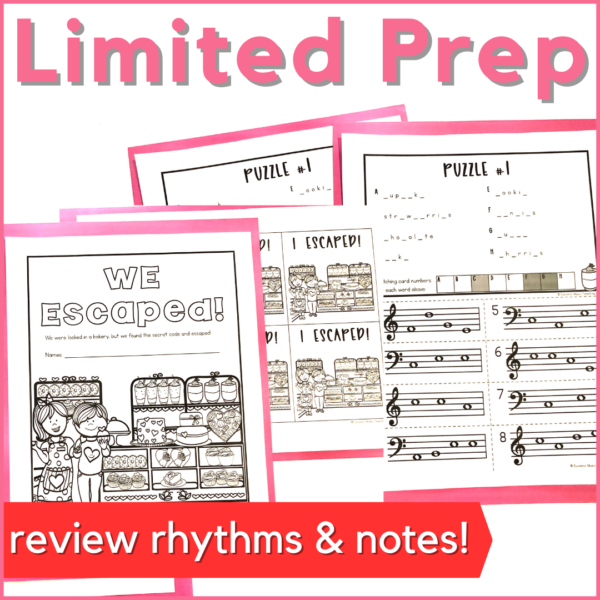 limited prep - review rhythms & notes (image is 4 pages from the Valentine's Day music escape room)