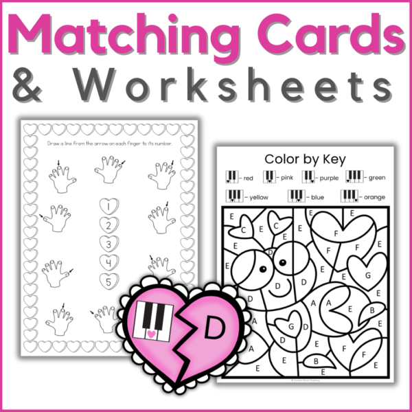 Valentine's Day beginner piano worksheets and matching cards - finger numbers and key names