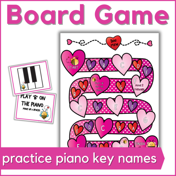 piano lesson board game - practice piano key names - image of the board game and cards