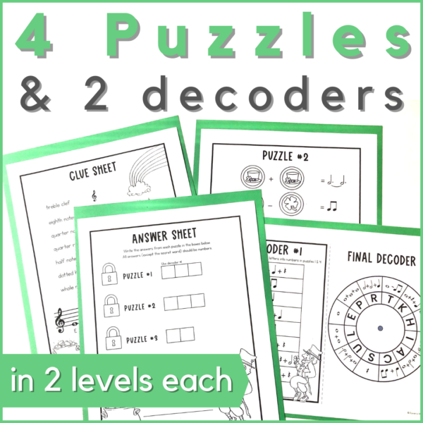 4 puzzles & 2 decoders in 2 levels 3 each - in this St. Patrick's Day music printable activity