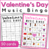 Valentine's Day music bingo - 50 bingo cards - image is of examples of the included bingo cards