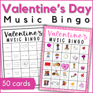 Valentine's Day music bingo - 50 bingo cards - image is of examples of the included bingo cards