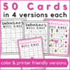 50 Valentine's Day music bingo cards in 4 version each - color and printer friendly versions