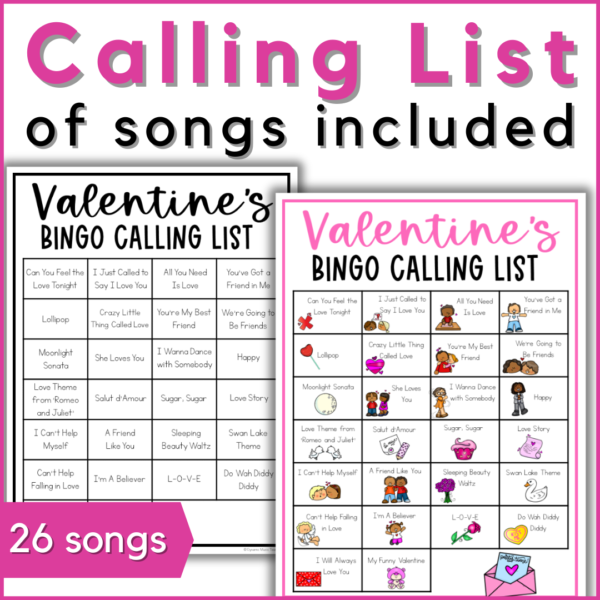 Valentine's Day music bingo calling list of 26 songs included