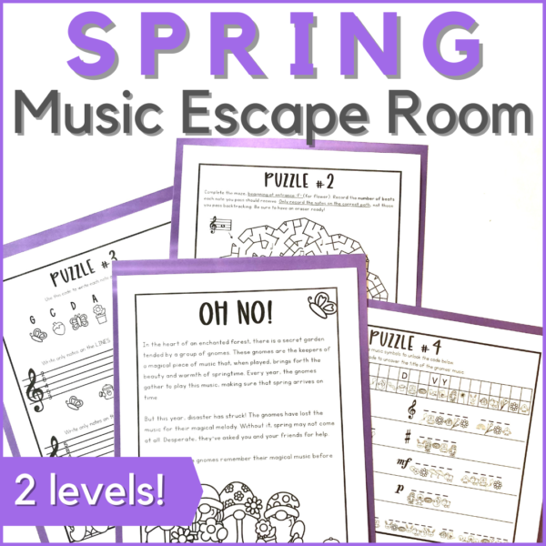 spring music escape room in 2 levels - image of the music worksheets included