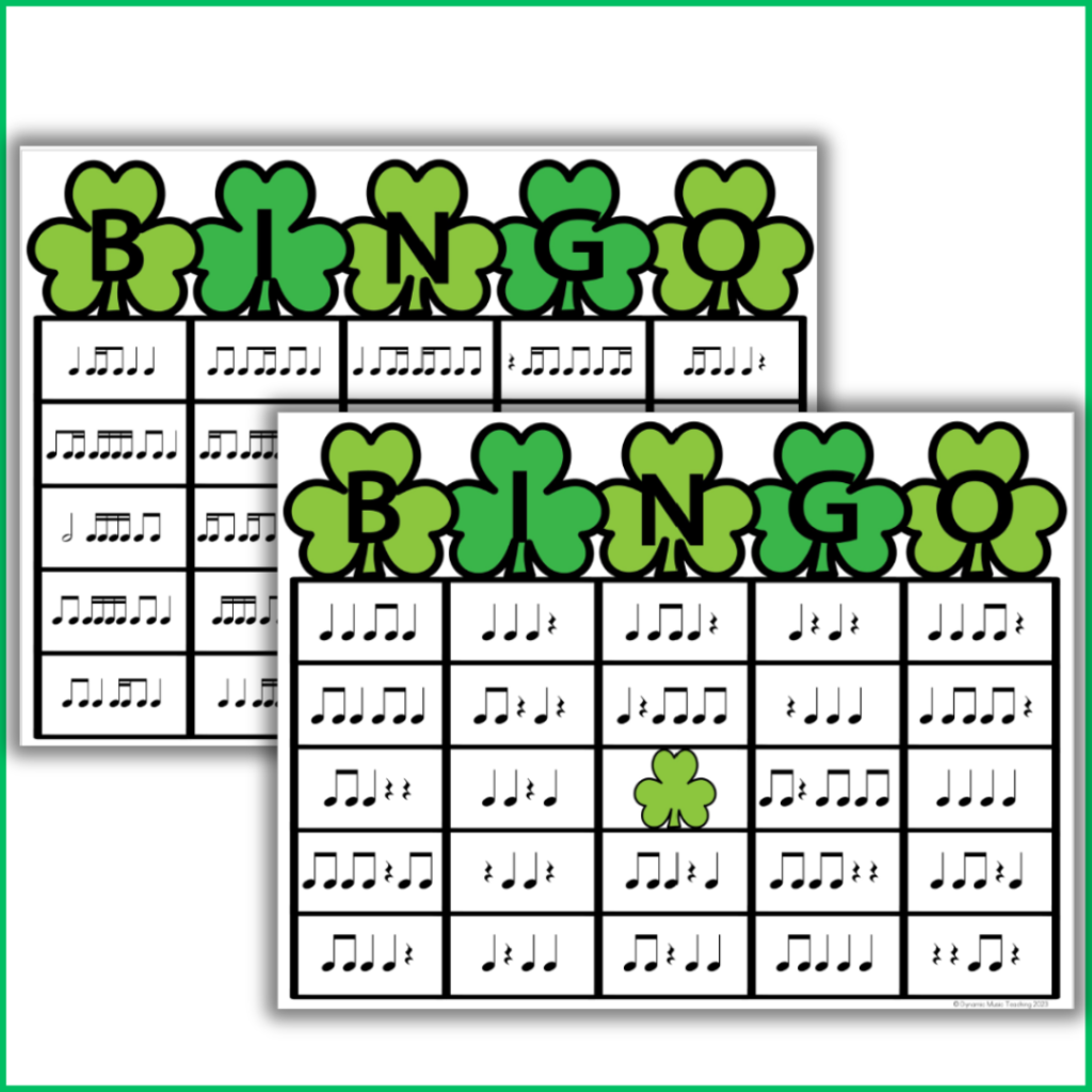 St. Patrick's Day music lessons - images of different levels of shamrock-themed rhythm bingo cards.
