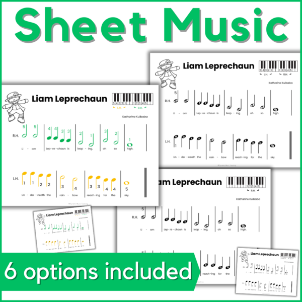 pre-reading piano sheet music - 6 options are included. Images of the sheet music.