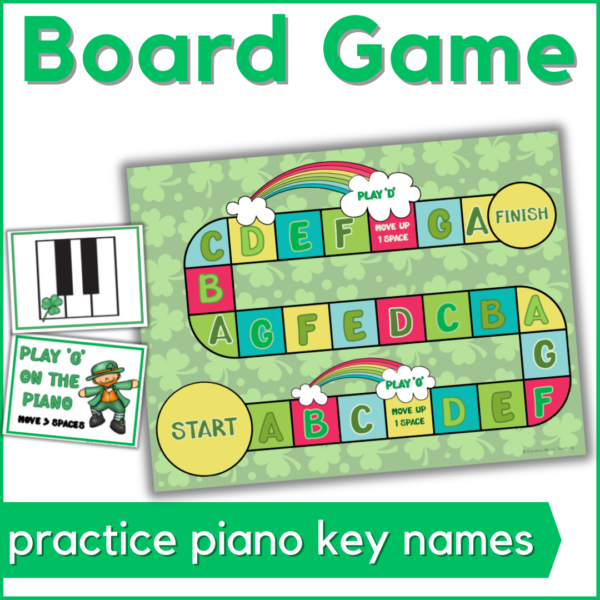 Image of St. Patrick's Day piano board game to practice piano key names.