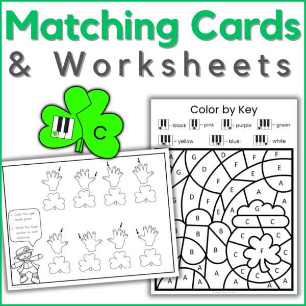 Images of St. Patrick's Day piano key matching cards and worksheets.