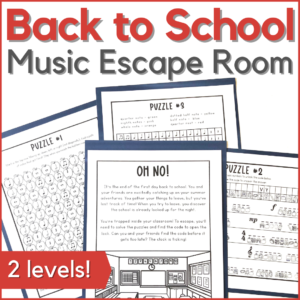 Back to school music escape room in 2 levels - image of 4 printable pages from the music game.