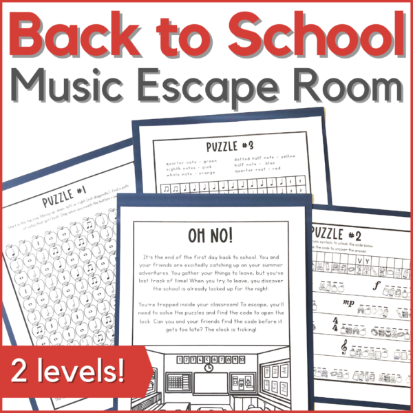 Back to school music escape room in 2 levels - image of 4 printable pages from the music game.