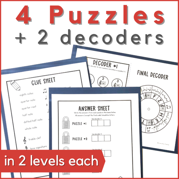 Back to school music escape room with 4 puzzles and 2 decoders - image of answer sheet, clue sheet and 2 decoders.