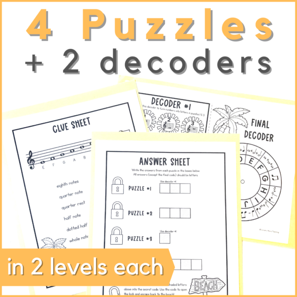 4 puzzles and 2 decoders in 2 levels each in this summer music escape room game