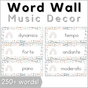 music word wall - boho neutral music classroom decor - 250 + words