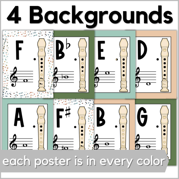 each recorder fingering chart poster is included in 4 different backgrounds