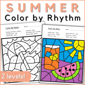 Summer music color by rhythm worksheets in 2 levels