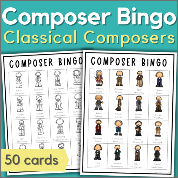 Classical composers bingo game with 50 cards